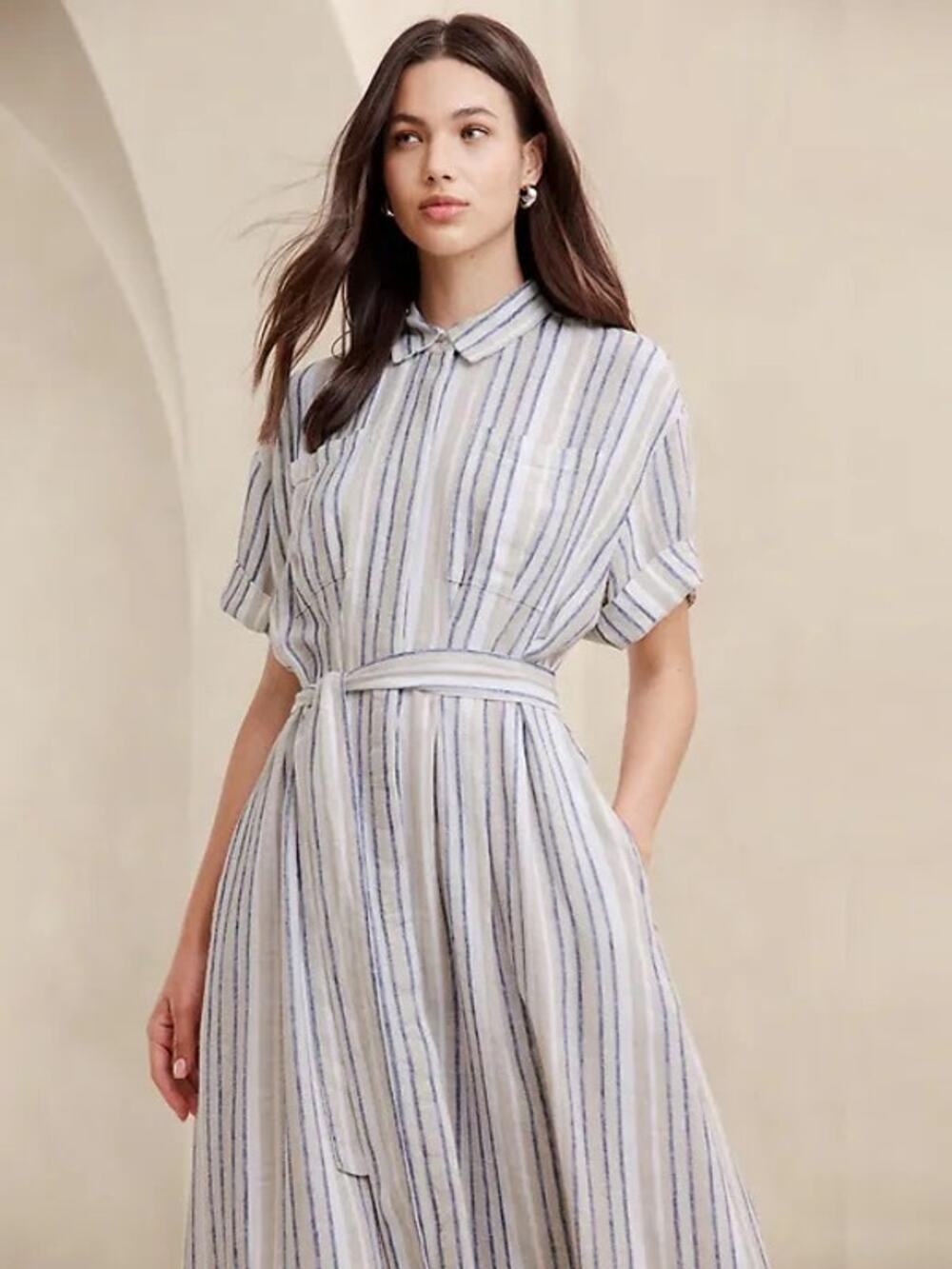 NWT Banana Republic Linen Blend Midi Shirtdress XXL Ivory Multi Stripe Belt